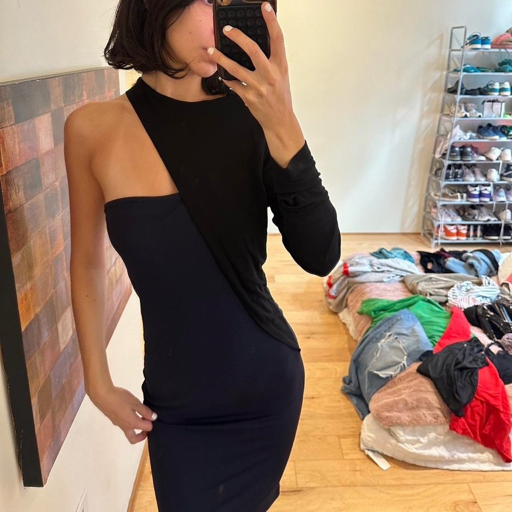 Chic One-Shoulder Black And Deep Blue Dress